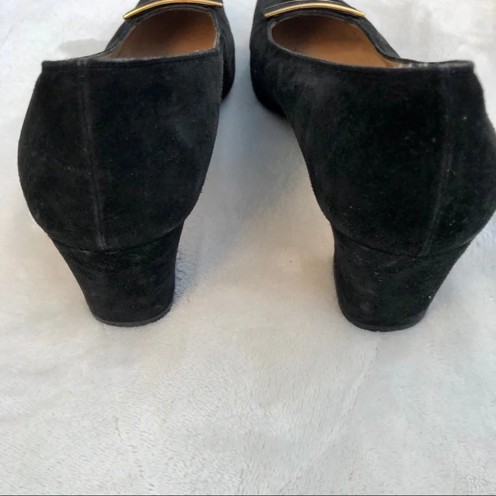 Salvatore Ferragamo Shoes Black Velvet Gold Trim Heels